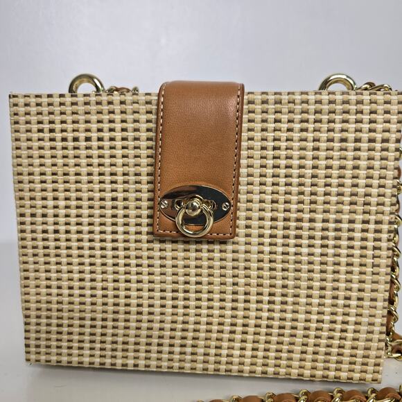 NWOT J. McLaughlin Wicker Woven Crossbody Box Bag Brown Rectangular Chain - Picture 2 of 8